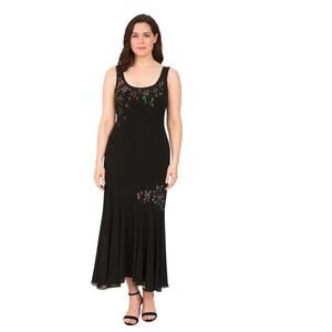 Xscape by Joanna Chen Elegant Vintage Black Maxi Dress, Beaded Floral Design, 10